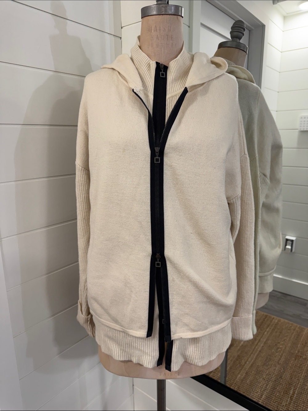 Sarah Pacini Cream Hooded Double Zip-Front Cardigan with Black Trim